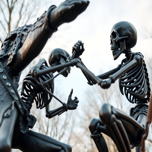 Create a high-resolution image of a dramatic bronze sculpture depicting a struggle between two skeletal figures, using a DSLR camera with a 50mm lens, f/1.8 aperture, ISO 100, and natural lighting, captured from a low angle to emphasize depth and detail.