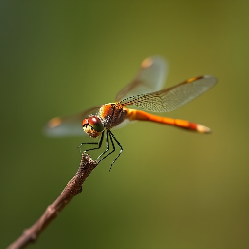 dragonfly perched on a twig with blurred background, macro photography, aperture f/2.8, shutter speed 1/200s, ISO 100, 100mm macro lens, natural light, shallow depth of field