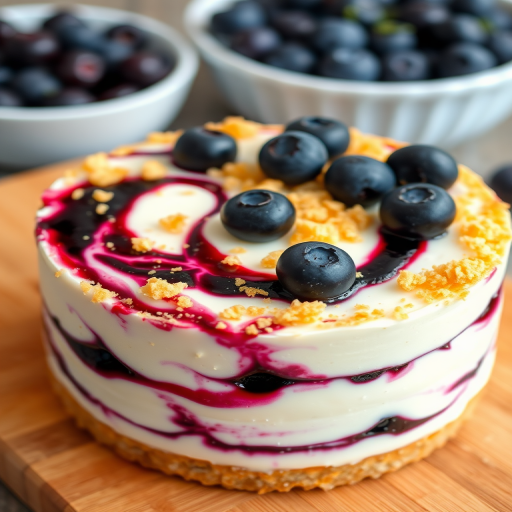 A delicious layered dessert featuring creamy white filling with swirls of purple berry sauce topped with golden crumbly crust and fresh blueberries garnishing the top served on a wooden cutting board with a bowl of blueberries in the background.