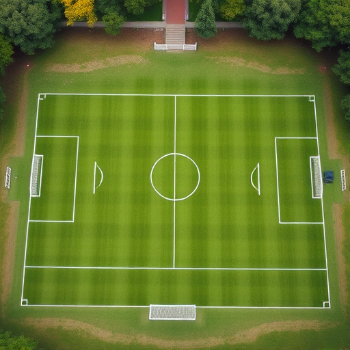 aerial view of a well-maintained soccer field with vibrant green grass, clear white markings, two goalposts at each end, and surrounded by trees, shot with a DSLR camera at f/8, ISO 100, 1/200 sec, using a wide-angle lens for a crisp, high-resolution image
