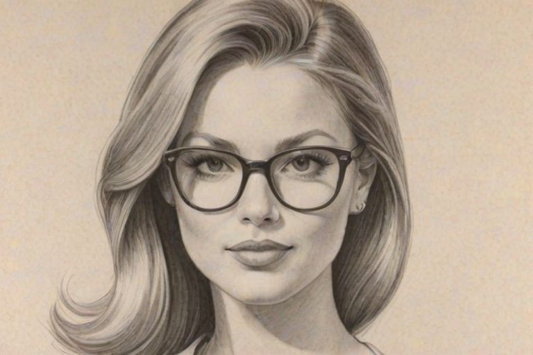 Exquisite Candice Cameron Bure, pencil sketch, portrait of Graceful woman 1967s in glasses, hair style beatnik, outline, clear lines, fine lines, 8k