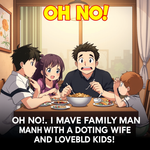 isekai anime style poster depicting a happy Family of four, a surprised dad sitting at a table with his wife and two kids eating something; the movie title clearly reads "OH NO! I HAVE BECOME A FAMILY MAN WITH A DOTING WIFE AND LOVABLE KIDS!", written in clear and exact letters