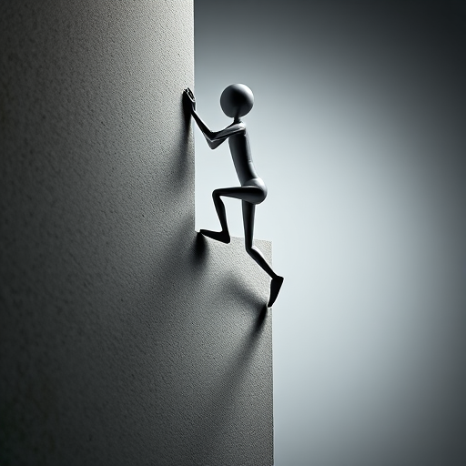 two stylized humanoid figures climbing a wall, one figure on top of the other, soft lighting, high resolution, 50mm lens, f/8 aperture, portrait mode, DSLR camera, studio background