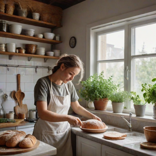 Cozy kitchen with a woman baking bread, flour dusting the countertop, fresh herbs on the windowsill, and the aroma of baked goods filling the air.