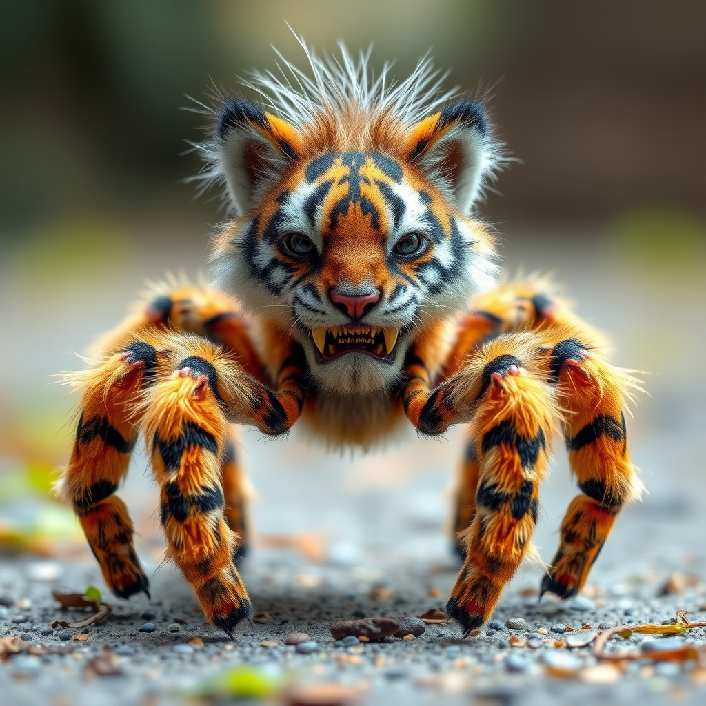 This charming yet frightening Spider Tiger features six legs, a hairy, furry body, and a cat-like tiger physique combined with an insectoid tiger head and tiger legs. The furry head further adds to the creature's unique appearance, creating a captivating blend of cuteness and fear that makes this six-legged, furry, insect-inspired tiger both adorable and scary.