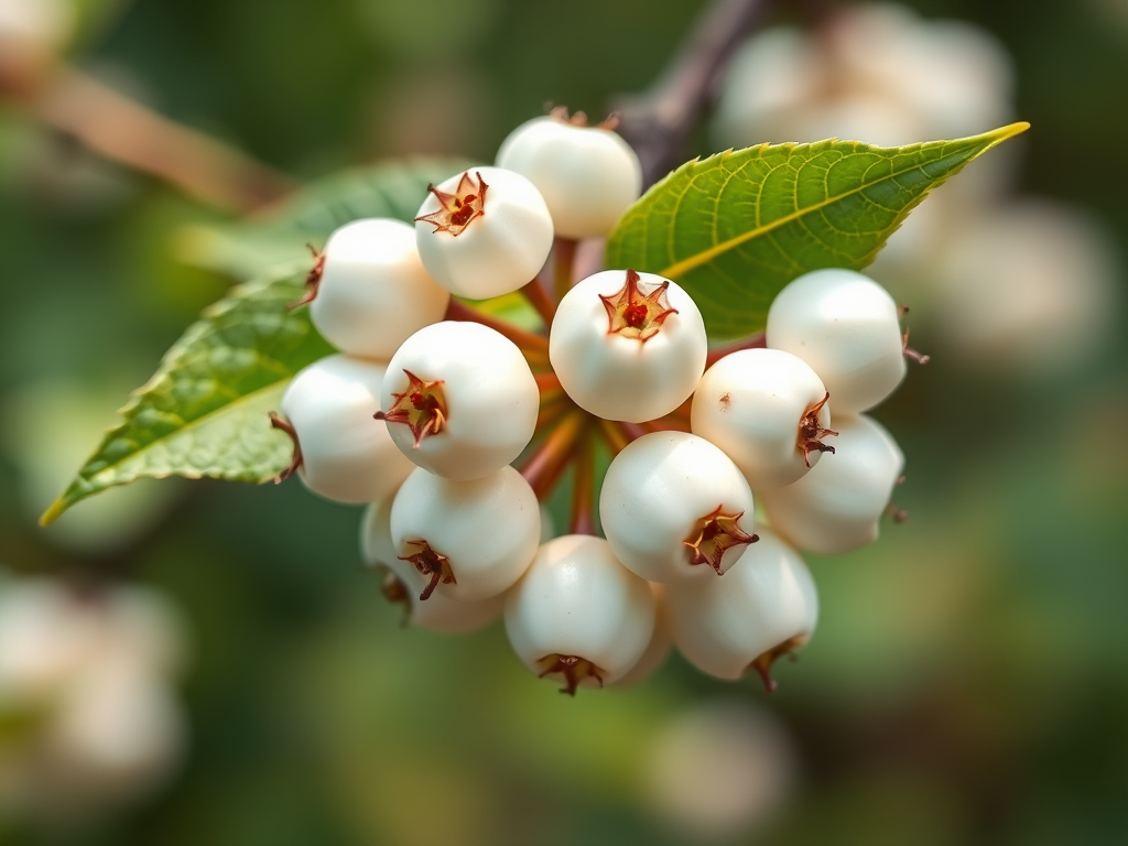 Create a high-resolution illustration of a cluster of white berries with a green leaf, using a Canon EOS R5 camera, f/2.8 aperture, 50mm lens, and natural lighting for enhanced detail and clarity.