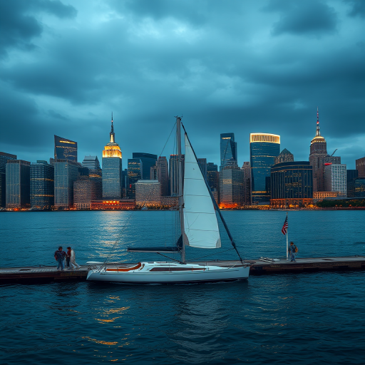 Generate a high-resolution image of a lively waterfront city skyline with a sailboat in the foreground, captured with a Canon EOS R5, 24-70mm lens, f/8 aperture, ISO 100, and a panoramic view.