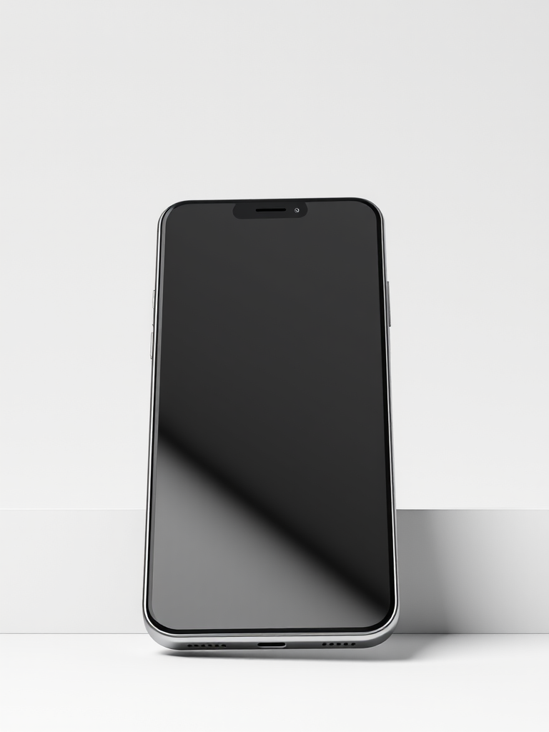 Create a highly detailed 3D rendering of a sleek smartphone with a reflective screen, using a 50mm lens, f/2.8 aperture, ISO 100, and a softbox lighting setup, viewed from a slight angle to emphasize its dimensions and design.