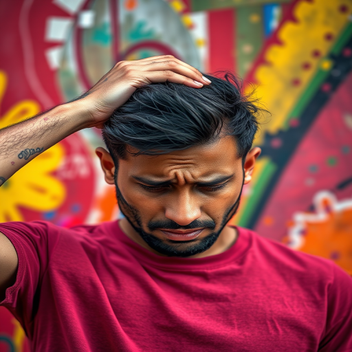 A distressed man holding his head with a colorful, abstract background, captured with a DSLR camera at f/2.8 aperture, 50mm lens, ISO 100, natural light, portrait orientation, vibrant colors, high contrast, sharp focus.