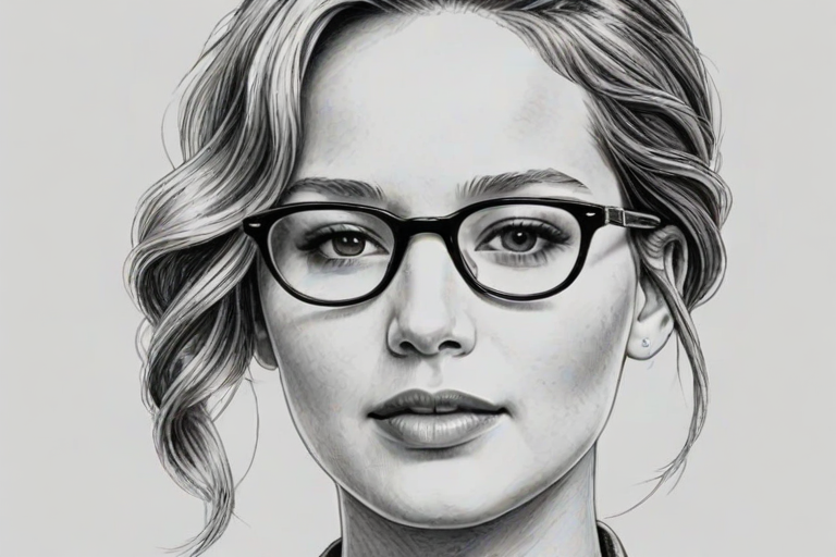 Wonderful Jennifer Lawrence, pencil sketch, portrait of Enticing woman 1950s in glasses, hair style beatnik, outline, clear lines, fine lines, 8k