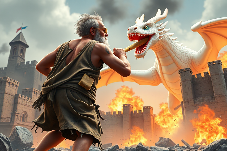 Cartoon 3D High-Resolution,dynamic battle scene using Unreal Engine 5 and Octane Render. The scene features back of an elderly, thai man with a beard,messy hair and round golden-rimmed glasses. He is wearing a tattered tank top with soot marks, shorts, and sandals. sweating. he wields a baseball bat. He jump to fight with a white fire-breathing Europe dragon amidst a partially destroyed stone castle. Include intense flames, smoke, and debris to enhance the dramatic effect.