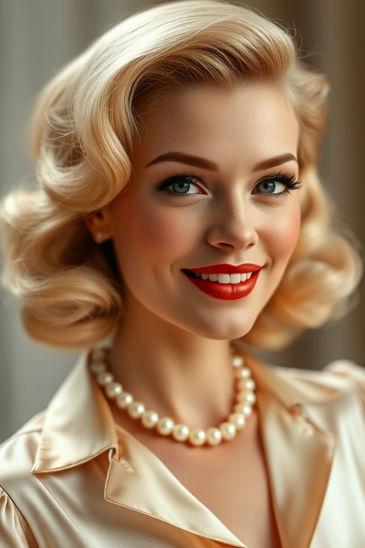 A beautiful Caucasian woman reminiscent of 1950s Hollywood glamour, with perfectly styled blonde hair and a seductive smile, dressed in a satin blouse and adorned with pearls, soft and warm tones, photorealistic, 8K