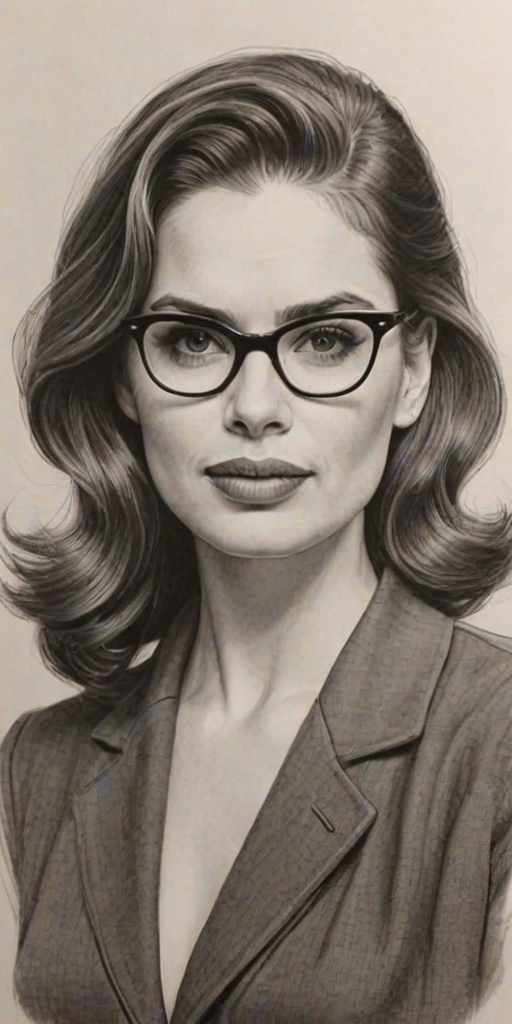 Fascinating Hayley Atwell, pencil sketch, portrait of Ravishing woman 1950s in glasses, hair style beatnik, outline, clear lines, fine lines, 8k