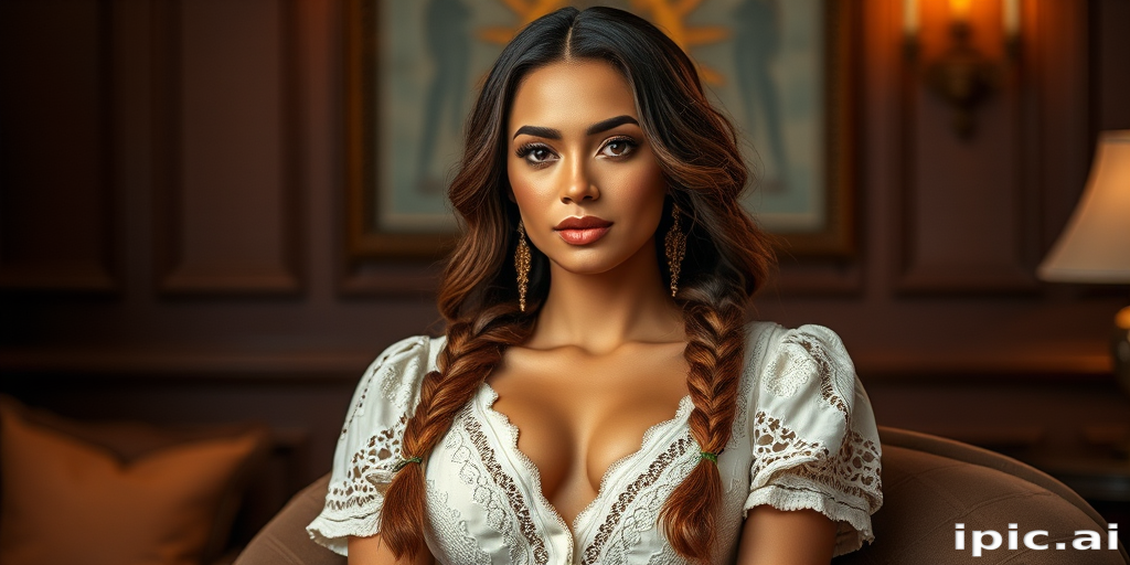 Create a portrait of a refined and elegant woman seated in a sophisticated setting. She has long, wavy hair styled in two thick braids that are pulled over her shoulders. She wears a white, lace gown with intricate patterns, featuring a deep V-neckline and short sleeves. The dress exudes a vintage charm with its delicate lacework. She is adorned with ornate, dangling earrings that add a touch of glamour to her appearance. The background is softly lit, with warm, ambient lighting that creates a cozy and inviting atmosphere. Her expression is poised and serene, capturing a sense of grace and elegance.