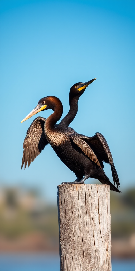 capture a cormorant drying its wings on a wooden post under a clear blue sky, use a DSLR camera with a 200mm lens, aperture set to f/5.6 for background blur, ISO 200 for sharpness, shutter speed 1/1000 sec to freeze motion, focus on the bird with a shallow depth of field, high-resolution image
