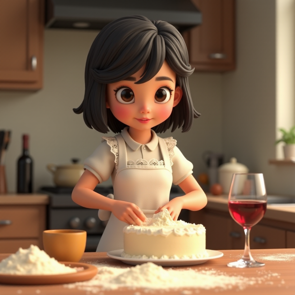 A Pixar-style CGI girl with black hair and black eyes wearing a white apron with lace stands in a kitchen and kneads cake batter. a text "ipic ai" at the table. There is flour dust in the air, a glass of wine on the table and the cake ingredients are scattered around. 3D