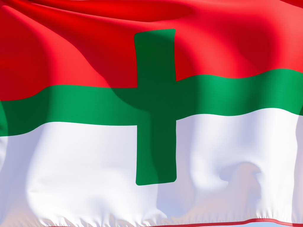Create a vibrant high-resolution image of a flag with a red background featuring a green cross, captured with a DSLR camera at f/8 aperture, ISO 100, 1/250s shutter speed, taken from a front view with natural lighting.