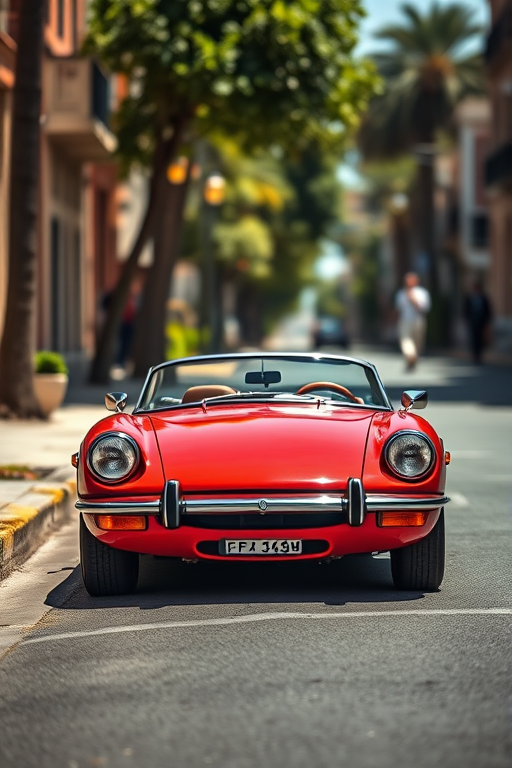 red convertible car parked on a sunny street, taken with a DSLR camera at f/8 aperture, ISO 100, 50mm lens, shallow depth of field, front three-quarters view, vibrant colors, high resolution