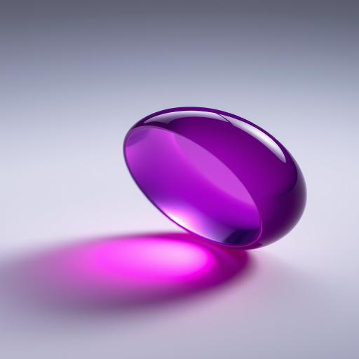Create a vibrant, glossy purple pill-shaped object with smooth gradients, captured in a studio setting using a Canon EOS R5, 50mm lens, f/1.8 aperture, ISO 100, 1/200 sec shutter speed, soft diffused lighting for enhanced reflections and details.