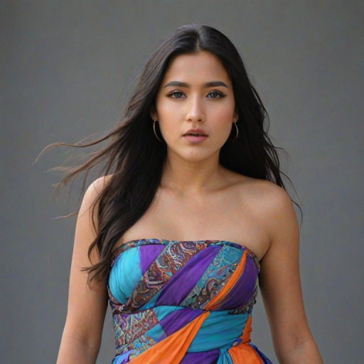 Photographic image of a beautiful young Mapuche woman, cyan eyes, lips with cyan lipstick, long hair fluttering in the wind and wearing a silk strapless dress with a soft purple and orange print. monochrome image with only color highlights in the iris of the eyes, lipstick and dress. Gray background.