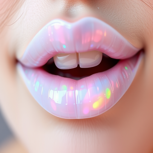 Iridescent Opal Aura lip style combines a sheer white base with color-shifting particles that reflect pastel hues, creating an ethereal and mystical effect