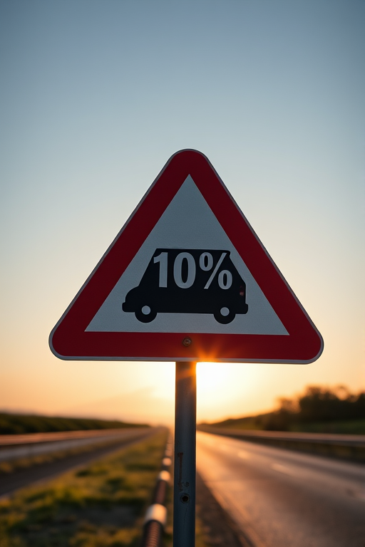 Generate a high-resolution image of a triangular road sign indicating a 10% gradient with a silhouette of a car, using a DSLR camera with a 50mm lens, aperture set to f/2.8, shutter speed of 1/200s, and ISO 100, captured from a low angle for dramatic effect.