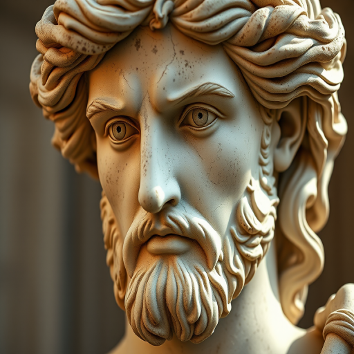 regenerate an image of a classical marble statue of a Greek god with detailed facial features and flowing hair, using a Canon EOS R5, 85mm lens, f/1.8 aperture, ISO 100, natural lighting, shallow depth of field, high dynamic range