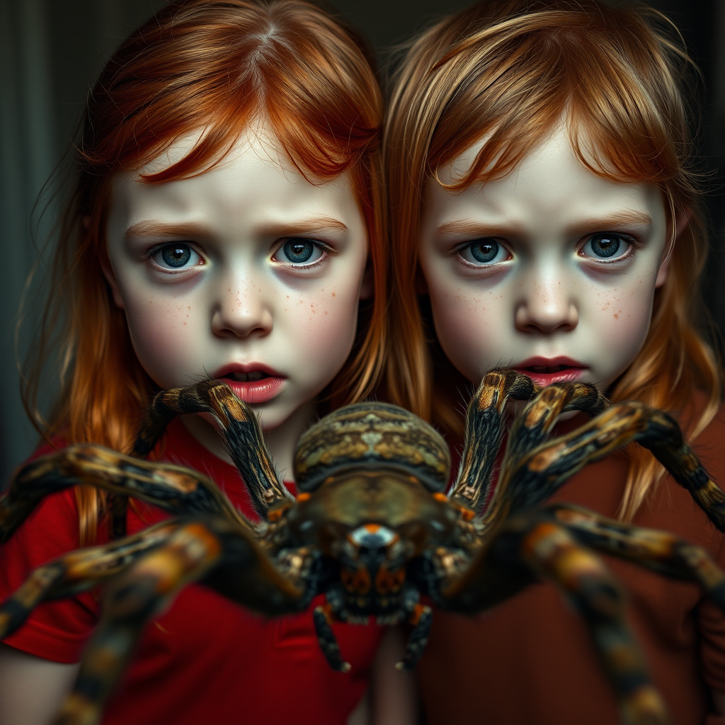 Create a hyper-realistic portrait of two children with red hair and freckles showing expressions of fear, with a large spider positioned in front of them, shot with a Canon EOS R5, 50mm lens, aperture f/1.8, ISO 200, in soft lighting for dramatic effect, focusing on their facial details and the texture of the spider.