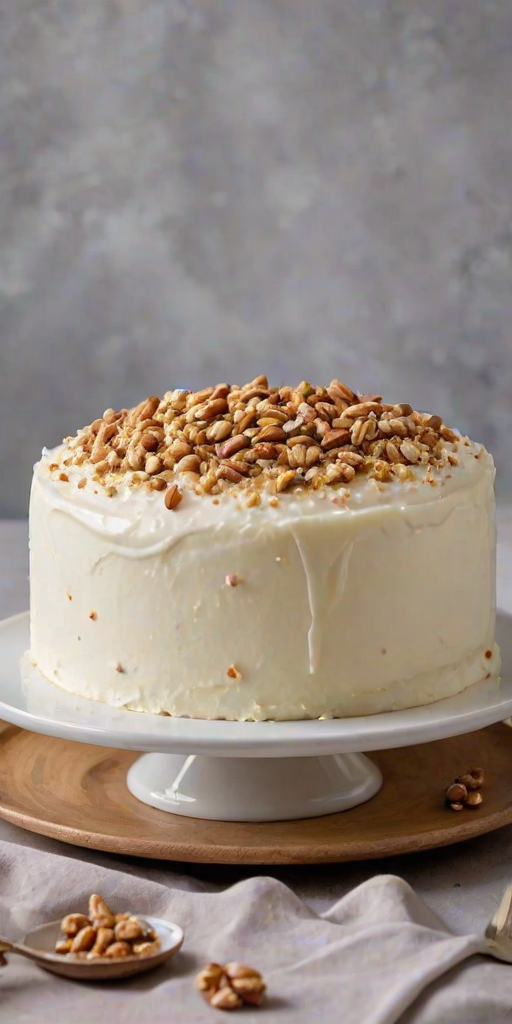 Generate an image of a round cake with smooth white frosting. The frosting is decorated with a light sprinkle of crushed nuts on top. The cake is placed on a decorative plate, and the background is softly blurred to emphasize the cake.