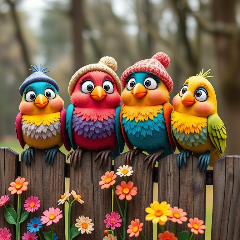 create a scene of 4 quirky  whimsical colourful comical birds each with a funny expression. they are sat on a wooden fence with colourful flowers. they are all different sizes. each one is a different colour  one is wearing a woolly hat. Each one has a different quirky google expression and there is a muted background of trees watercolour paintierly style high definition 8k resolution 3D paper mache