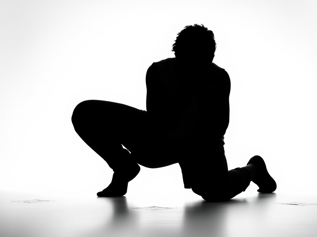 Generate a high-contrast silhouette of a person kneeling with hands on their face against a white background using a Canon EOS R5 camera with a 50mm f/1.2 lens, aperture set to f/2.8, ISO 100, and a shallow depth of field to enhance image quality.