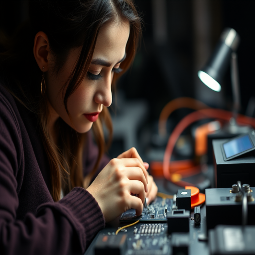 Regenerate an image of a woman working on electronics with a focus on her soldering skills, shallow depth of field, using a Canon EOS R5, aperture f/2.8, ISO 100, 85mm lens, soft studio lighting for enhanced detail and clarity.