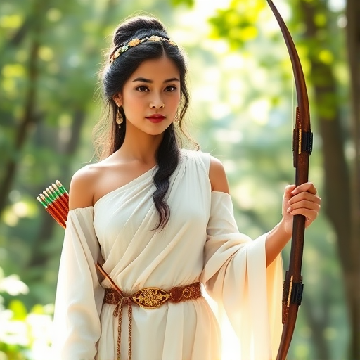 Create a portrait of a goddess-like Nepali girl figure in a tranquil, forested environment. She has an elegant appearance with long, wavy hair styled in an updo and adorned with a delicate, floral headband. She wears a flowing, ancient Greek-inspired gown in a soft, pale color, featuring a one-shoulder design and draped fabric that accentuates her graceful form. The outfit includes a decorative belt with ornate gold detailing, and she holds a bow in her hand, with a quiver of arrows slung over her shoulder. The background depicts lush greenery, with sunlight filtering through the trees, casting a gentle, ethereal light on the scene. Her expression is calm and contemplative, embodying a sense of wisdom and serenity.