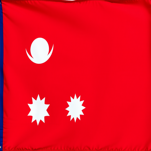 Generate a high-resolution image of the Nepalese flag with a vibrant red background, featuring the white crescent moon and sun symbols, using a DSLR camera at ISO 100, f/8 aperture, 50mm lens, in natural daylight, shot from a straight-on view for clarity and detail.
