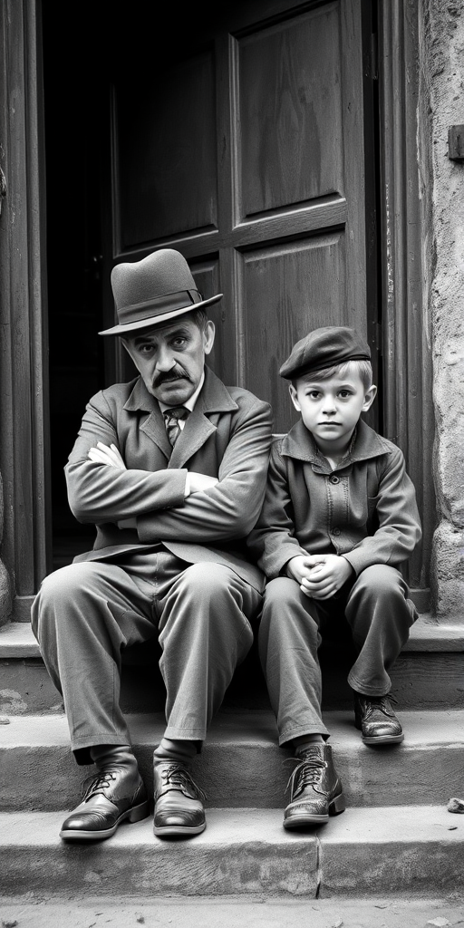A black-and-white photograph of a man and a child sitting on steps in front of a doorway. The man is dressed as a tramp with a bowler hat, mustache, and ragged clothes, reminiscent of Charlie Chaplin's iconic look. He is sitting with his arms crossed and an expression of slight sadness or frustration. Next to him is a young boy, also in worn clothes and a cap, sitting with his hands clasped, looking thoughtful. The background is an old, textured wall and a partially open door, creating a vintage, early 20th-century atmosphere.