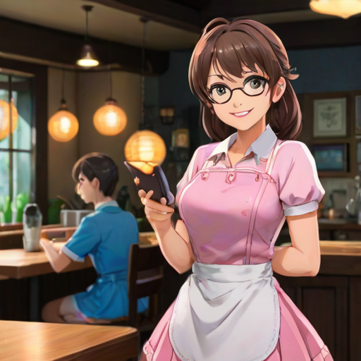 masterpiece, best quality, absurdres, unity 8k wallpaper, official art, official style, source_anime, uncensored, game cg, megami magazine, AMSC, 1girl, glasses, waitress, solo, jewelry, pink apron, ponytail, pink skirt, fruit, shirt, skirt, standing, short sleeves, necklace, large breasts, happy, smile, looking at viewer,  food, table, indoors, cafe, photo background, restaurant