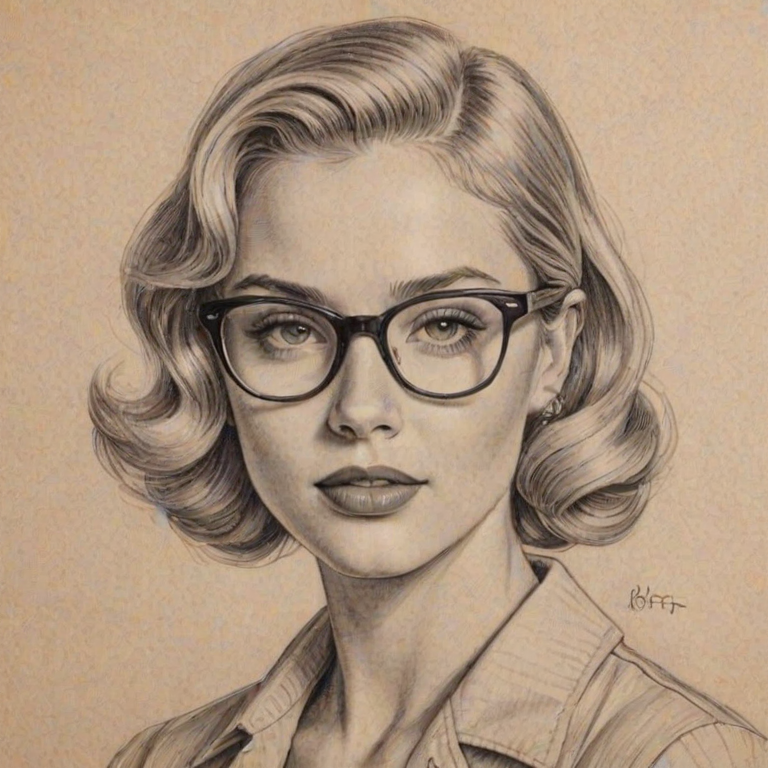 Radiant Alyvia Alyn Lind, pencil sketch, portrait of Captivating woman 1952s in glasses, hair style beatnik, outline, clear lines, fine lines, 8k