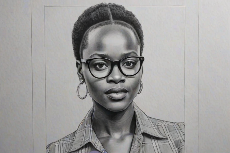 Lovely Lupita Nyong'o, pencil sketch, portrait of Gorgeous woman 1974s in glasses, hair style beatnik, outline, clear lines, fine lines, 8k