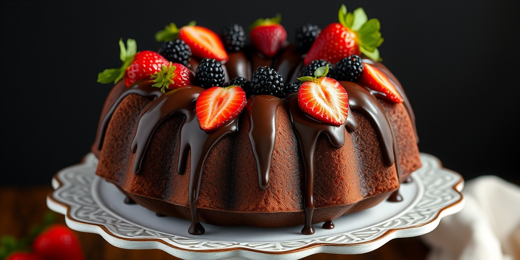 Chocolate bundt cake topped with fresh strawberries and blackberries drizzled with chocolate ganache displayed on a decorative cake stand.