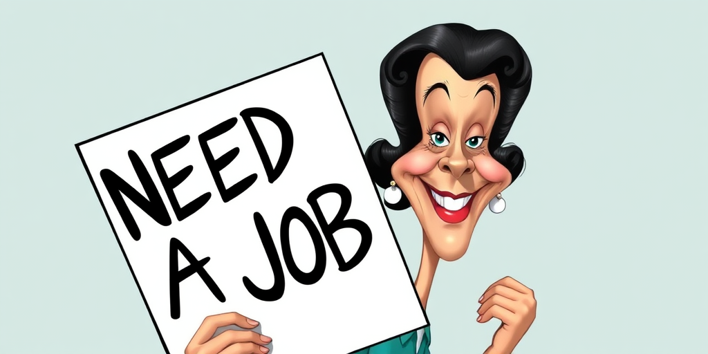 caricature of a smiling Vivien Leigh in a Cerulean dress or suit, holding up a sign that says "NEED A JOB", no watermark,