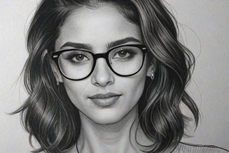 Ravishing Naomi Scott, pencil sketch, portrait of Attractive woman 1978s in glasses, hair style beatnik, outline, clear lines, fine lines, 8k