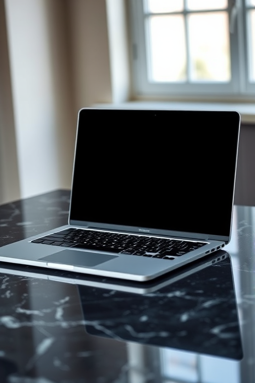 A sleek, modern laptop with a blank screen positioned on a beautifully textured dark marble surface, captured using a Canon EOS R5 at f/2.8, ISO 100, 50mm lens, in natural light with a shallow depth of field to create a soft background blur.
