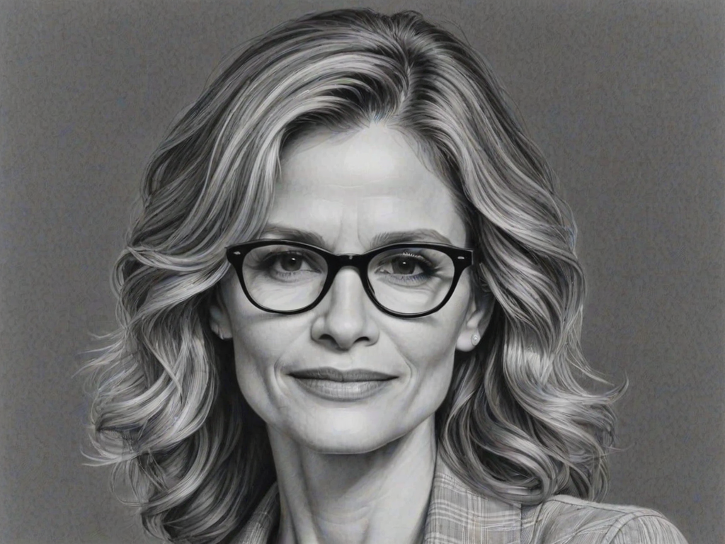 Charming Kyra Sedgwick, pencil sketch, portrait of Splendid woman 1948s in glasses, hair style beatnik, outline, clear lines, fine lines, 8k