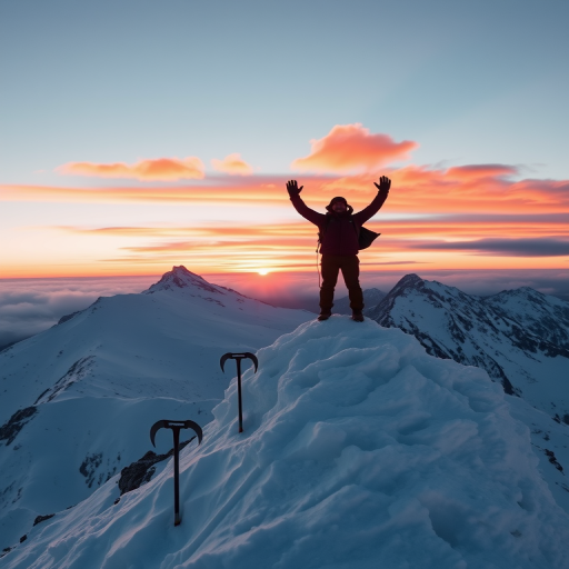 Crisp, clear shot of a mountain peak at sunrise, climber standing at the summit, arms raised in victory, bright orange and pink clouds in the sky, snow-covered peaks in the background, ice axe planted in the ground beside them, soft shadows across the snow, wind whipping the climber's jacket.