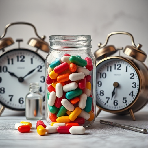 Create an image of a glass jar filled with colorful pills alongside a classic alarm clock, a small vial with a dropper, and a thermometer, set against a softly lit background, using a DSLR camera with a 50mm lens, aperture f/1.8, ISO 100, shot at a 45-degree angle with soft lighting for enhanced quality.