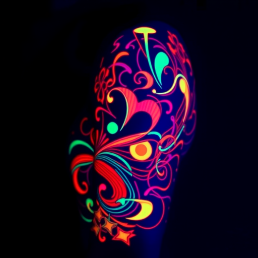 Luminous UV ink tattoo called "Neon Nights" that comes to life under blacklight. Invisible in normal lighting, the design reveals a vibrant, glowing pattern when exposed to UV light. Abstract shapes and swirling lines create a psychedelic effect, transforming the wearer's skin into a canvas of electric color.