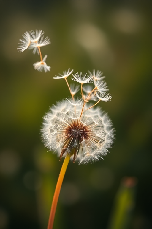 macro shot of dandelion seeds blowing in the wind, shallow depth of field, f/2.8 aperture, 50mm lens, ISO 100, natural sunlight, soft bokeh background, high-resolution DSLR camera