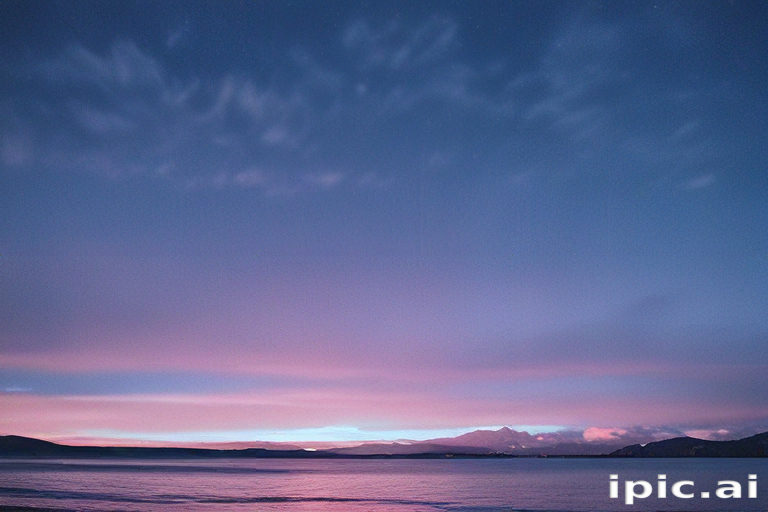 Serene Twilight Over Calm Waters with Distant Mountains Under Soft Clouds