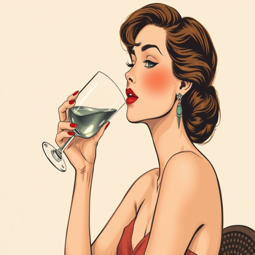 A vintage illustration of a woman elegantly drinking from a glass, detailed background, soft color palette, shot with a DSLR camera at f/2.8, 50mm lens, natural light, high dynamic range, shallow depth of field, emphasizing the woman's graceful pose.