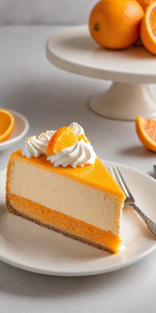 Create an image of a slice of orange mousse cake on a white plate. The cake should have multiple layers, including a creamy orange filling and a glossy orange topping. Decorate the slice with a dollop of whipped cream and a slice of fresh orange on top. The background should be softly blurred, emphasizing the cake.